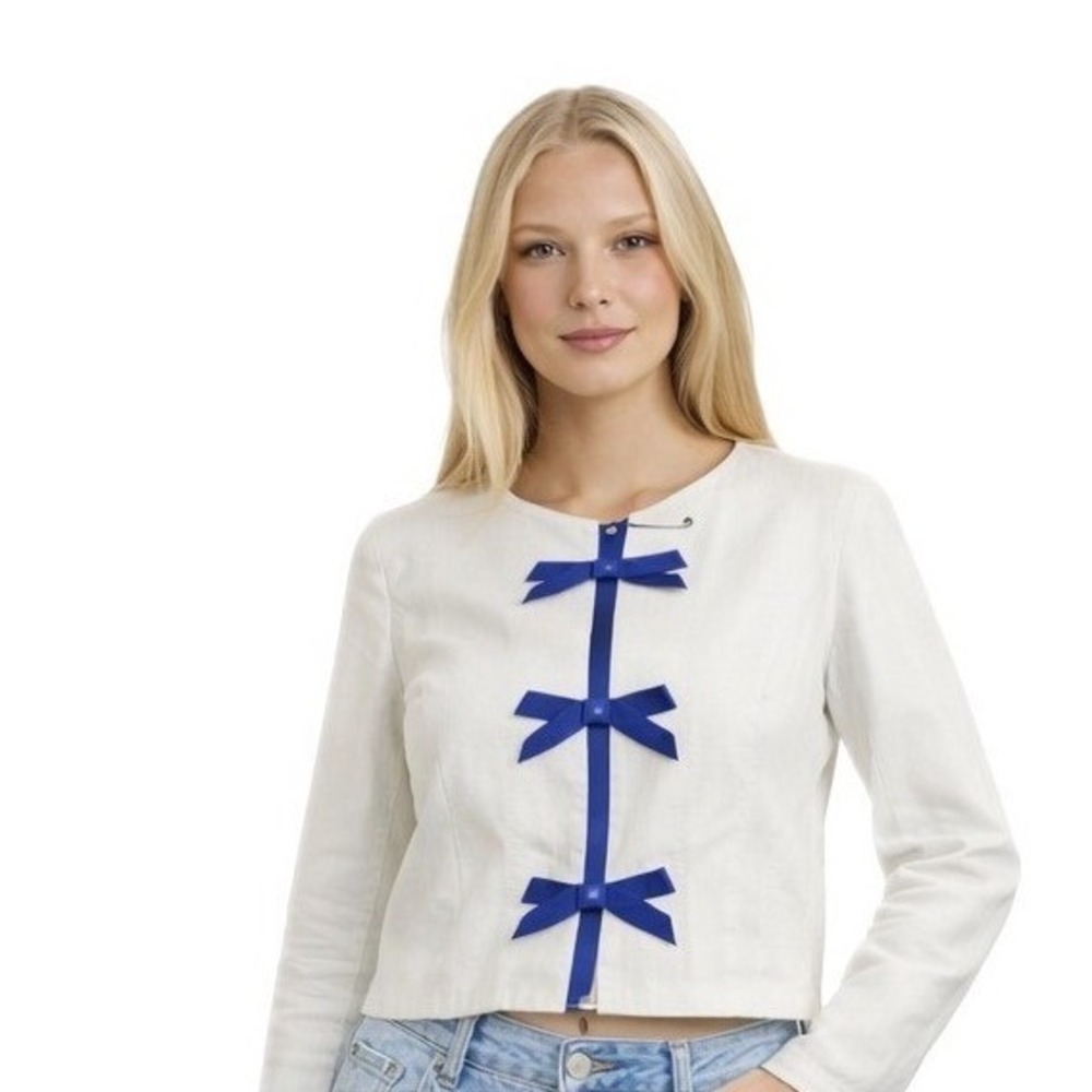 Nipon‎ Boutique 100% Linen Jacket Blazer Women's Size 12 White Blue Bow Vintage